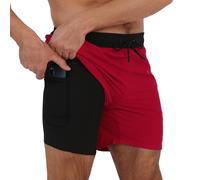 Arcweg Men's Swim Trunks Mens Swimming Shorts with Compression Liner Quick Dry Stretchy 2 in 1 Board Shorts with Zipper Pockets Black+Red L(UK)