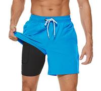 Arcweg Men's Swim Trunks Mens Swimming Shorts with Compression Liner Quick Dry Stretchy 2 in 1 Board Shorts with Zipper Pockets Azure Blue L（UK