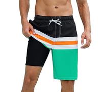 Arcweg Mens Swimming Shorts Long Swimming Trunks with Compression Liner 2 in 1 Swim Trunks with Zipper Pockets Quick Dry Men's Swim Shorts Double Layer Black Orange Green XL(UK