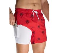 Arcweg Men's Swimming Shorts with Compression Liner Mens Swimming Trunks 2 in 1 Swim Shorts with Lining with Zipper Pockets Quick Dry Surfing Stretchy Beach Shorts Red Black Coconut XL（UK