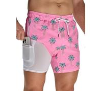 Arcweg Men's Swimming Shorts with Compression Liner Mens Swimming Trunks 2 in 1 Swim Shorts with Lining with Zipper Pockets Quick Dry Surfing Stretchy Beach Shorts Pink Coconut L（UK