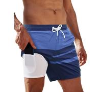 Arcweg Men's Swimming Shorts with Compression Liner Mens Swimming Trunks 2 in 1 Swim Shorts with Lining with Zipper Pockets Quick Dry Surfing Stretchy Beach Shorts Dark Blue Stripe S(UK