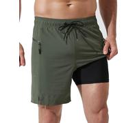 Arcweg Swim Shorts Men with Zip Pockets Swimming Shorts Quick Dry Swimming Trunks with Compression Liner Double Layer Men's Swimming Shorts Army Green L