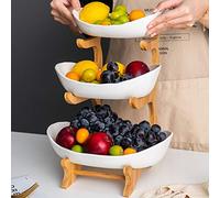 ARDAN STOCK 3-Tier Fruit Bowl Stand | Bamboo & Ceramic Tiered Fruit Holder | Durable, Stable & Stylish Countertop Organizer | Elegant White Serving Display for Kitchen Counter, Dining Table.