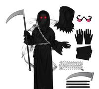ARDFFA Grim Reaper Costume 7PCS Set, Halloween Reaper Outfit Set with Glasses, Robe, Scythe, Belt, Gloves, Chain for Scary Party, Cosplay & Halloween Events, L