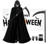ARDFFA Halloween Costume Grim Reaper Set - 4 PCS Black Hooded Cloak with Grim Reaper Scythe, Skeleton Mask & Skeleton Gloves, Grim Reaper Vampire Party Costume for Cosplay Costume Horror Fancy Dress