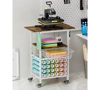 Ardier Movable Heat Press Machine Cart with Basket and Hooks, 3 Tier Crafting Shelf Organizer with Vinyl Roll Holder, Workbench for DIY Sublimation Transfer Machine and Printer or T-shirt Maker, White