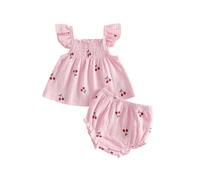 Ardougudougu Baby Girl Summer Clothes Cute Basic Plain Cotton Linen Ruffle Tops Dress Shorts Outfits Set Shirt Princess Outfit (Pink, 6-12 Months)