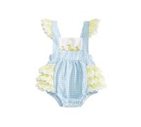 Ardougudougu Baby Girls Cute Embroidery Duck Ruffled Bubble Romper Plaid Print Jumpsuit Newborn Infant Summer Clothes