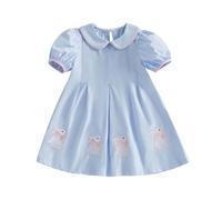 Ardougudougu Kids Toddler Baby Girl Easter Outfit Bunny Rabbit Embroidery Peter Pan Collar Short Sleeve Smocked Dress Clothes (Blue, 18-24 Months)