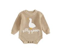 Ardougudougu Newborn Baby Boy Girl Sweater Romper Silly Goose Embroidery Knit Onesie Knitted Bodysuit Warm Fall Winter Clothes (Khaki, 3-6 Months)