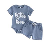 Ardougudougu Newborn Baby Boy Summer Outfit Set Little Brother Lil Bro Embroidery Romper Jumpsuits Shorts Infant Waffle Clothes (Blue, Newborn)