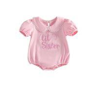Ardougudougu Newborn Baby Girl Bubble Romper Little Sister Short Sleeve Collar Romper T-Shirt Bodysuit Summer Clothes (Pink, 6-12 Months)