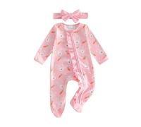 Ardougudougu Newborn Baby Girl Easter Outfit Bunny Bow Print Footie Romper Ruffle Bodysuit Zipper Jumpsuit Headband 0-18M (Pink, 0-3 Months)
