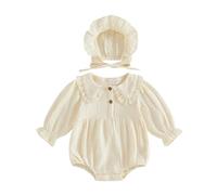 Ardougudougu Newborn Baby Girl Fall Clothes Cotton Linen Long Sleeve Bubble Romper Solid Doll Collar Button Bodysuit Infant One Piece Jumpsuit with Adjustable Hat