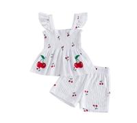 Ardougudougu Toddler Baby Girl Summer Clothes Cute Cherry Embroidered Outfit Infant Flying Sleeve Smocked Tank Top Dress Shorts Set 3M-4T