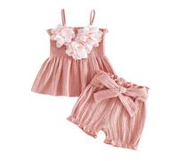 Ardougudougu Toddler Girl Summer Clothes 3D Flowers Spaghetti Strap Smocked Cami Top Ruffle Bloomer Shorts Set Baby Girl Linen 2 Piece Outfits 12M-5T (Pink, 12-18 Months)