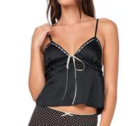 Ardougudougu Women Sexy Lace Trim Camisole Silky Spaghetti Strap V Neck Crop Peplum Cami Top Satin Polka Dot Print Tank Top Y2k Going Out Tops (Black, S)