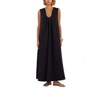 Ardrem Women Sleeveless Ruched Maxi Dress Scoop Neck Long Elegant Dresses Wide Shoulder Strap Blouse Dress with Side Pockets, Black, M