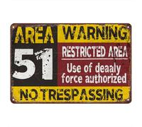 Area 51 Warning Tin Sign - Restricted Use Of Deadly Force Authorized, No Trespassing - Vintage Retro Metal Rustic Wall Decor For Home, Garage, Office, Or Man Cave 8"x12"