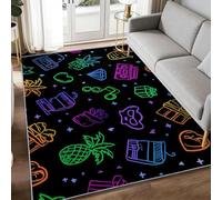 Area Black Rugs for Living Room - 180 x 240 cm Machine Washable Vintage Summer Neon Pineapple Palm Tree Print Rug, Non-Slip Low Pile Indoor Floor Rug, Carpet for Game Room Teen Room Bar