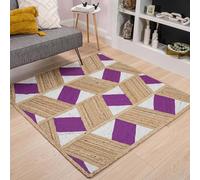 Area Jute Rug for Living Room 8x8 Hand Braided Boho Rug Thick 0.27" Geometric Diamond Pattern Purple & White Square Rugs for Living Room, Kids Room, Home Decor, High Traffic Area Carpet