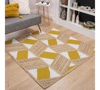 Area Jute Rug for Living Room 9x9 Hand Braided Boho Rug Thick 0.27" Geometric Diamond Pattern Yellow & White Square Rugs for Living Room, Kids Room, Home Decor, High Traffic Area Carpet