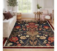 Area Rug 100x150 William Morris Washable Rug Vintage Boho Navy Rust Floral Rugs Non Slip Soft Low Pile Large Area Rug Indoor Blue Botanical Carpet for Living Room Bedroom Dining Room Home Office