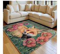 Area Rug 120 x 180 cm Flower Fox Washable Low Pile Carpet Red Non-Shedding, Bedroom & Home Office Rug