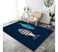 Area Rug 120 x 180 cm Non-Shedding Print Floor Carpet Machine Washable, Rugs for Living Room Non Slip Simple Cartoon Fish Carpet for Bedroom Dining Room, Dark Blue