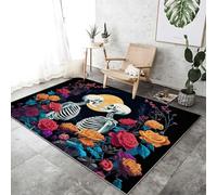 Area Rug 140 x 200 cm Non-Shedding Print Floor Carpet Machine Washable, Rugs for Living Room Non Slip Floral Rose Gothic Skull Carpet for Bedroom Dining Room, Colorful