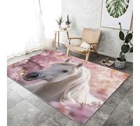 Area Rug 80 x 150 cm Non-Shedding Print Floor Carpet Machine Washable, Rugs for Living Room Non Slip Nature Animal Horse Cherry Blossom Carpet for Bedroom Dining Room, Pink