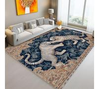 Area Rug 80 x 150 cm Washable Rugs for Living Room, Non Slip Soft Short Pile Bedroom Rug, Simple Animal Tiger Leaves Floor Carpet for Nursery Room Dining Room Decor Dark Blue Beige