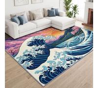 Area Rug 80x150cm, Ocean Waves Clouds Cherry Blossom Washable Indoor Carpet | Short Pile Soft Faux Wool Living Room Rug, Non Slip Japanese Ukiyo-e Floor Mat for Bedroom Office Kitchen Decor