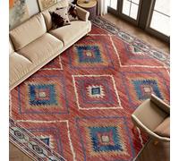 Area Rug 8x10 Rug Machine Washable Non-Slip Low Pile Print Pattern Western Rug for Living Room Bedroom Entryway Tribal Series -Red/Orange