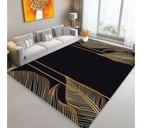 Area Rug for Living Room, Luxury Line Border Banana Leaves theme Soft Anti-slip Low Pile Rugs for Bedroom Living Room, Black And Gold rectangle Bedroom Carpet Mat 63" x 91" (160 x 230 cm)