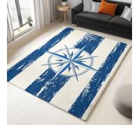 Area Rug for Living Room - Machine Washable Soft Short Pile Rug for Bedroom, Nautical theme stripe compass stone Carpets Stain Resistant, Hall Lounge Non Slip Carpet, Blue and white, 60 x 90 CM