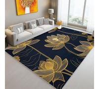 Area Rug for Living Room, Oriental Hand-Drawn Lines Lotus theme Soft Anti-slip Low Pile Rugs for Bedroom Living Room, Black And Gold rectangle Bedroom Carpet Mat 63" x 91" (160 x 230 cm)