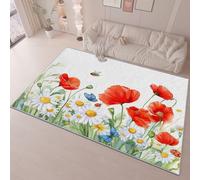 Area Rug Living Room Dining Floor 140 x 200 cm Carpets, Red Green Flannel Rug Easy Care Not Easy to Fade, Florals Poppies Daisies Printing Non-slip Washable Non Shedding Office Decorative