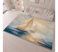 Area Rug Living Room Dining Floor 60 x 90 cm Carpets, Yellow Dark Blue Flannel Rug Easy Care Not Easy to Fade, Simple Sea Boat Printing Non-slip Washable Non Shedding Office Decorative