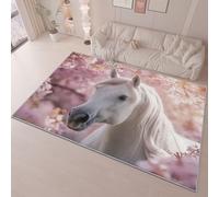 Area Rug Living Room Dining Floor 80 x 150 cm Carpets, Pink White Flannel Rug Easy Care Not Easy to Fade, Dream Florals Horse Printing Non-slip Washable Non Shedding Office Decorative