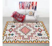 Area Rug Living Room, Geometric Tribal Pattern, Non slip washable carpet Ivory White with Red and Blue Accents 80 x 160cm