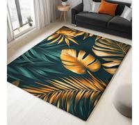 Area Rug Plants Gold Palm Leaves 120 x 180 cm Short Pile & Flannel Easy Care Rug, Dark Green Anti-Skid Carpets Indoor Non Slip Mat, for Living Room Bedroom Floor Runner