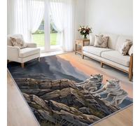 Area Rug Realistic Animal Gray Wolf Living Room Bedroom 120 x 170 cm | Washable Rug Nature Cliff Rocks Non Slip Low Pile Carpet for Bathroom Playroom Nursery Office