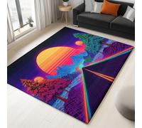 Area Rug Retro Futurism Sun Neon Mountains Road 120 x 180 cm Short Pile & Flannel Easy Care Rug, Purple Anti-Skid Carpets Indoor Non Slip Mat, for Living Room Bedroom Floor Runner