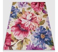 Area Rug Retro Watercolor Peony Theme, Non Slip Pink Blue Flannel Carpet 80 x 150 cm for Living Room Bedroom Kids Room Girly Room Floor Decorative - Soft Touch Easy Clean Washable