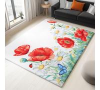 Area Rug Watercolour Painting Poppy Daisy Butterfly 140 x 200 cm Short Pile & Flannel Easy Care Rug, White Anti-Skid Carpets Indoor Non Slip Mat, for Living Room Bedroom Floor Runner