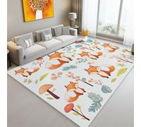 Area Rugs 120 x 170 cm Stain Resistant Washable Rug, Cartoon Fox Plants pattern Non Slip Carpet, White Cozy Durable Easy Clean floor mat carpets for Living Room Boy Girls Room Office