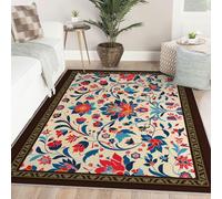 Area Rugs 120x180 Washable Non Slip Floral Blue & Red Area Rug Vintage Distress Print Medallion Carpet for Living Room Bedroom Dining Room Farmhouse Easy Clean Entryway Rugs