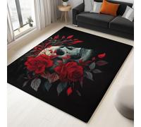 Area Rugs 140 x 200 cm Elegant Floral Skull Red Roses Printed Rugs for Living Room and Bedroom Short Pile Non Shedding Washable Floor Carpet Soft Touch, Black